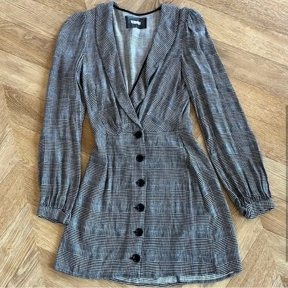Reformation Woodbury Houndstooth Plaid Gray Button-Down Dress - Picture 3 of 5